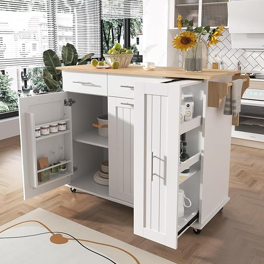 Kitchen Island with Drop Leaf, Kitchen Storage Cart with 3 Tier Pull Out Cabinet Organizer, Internal Storage Rack, Rolling Kitchen Cart on Wheels with Towel Rack, 2 Drawers, for Kitchen (White#021)