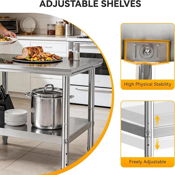 DWVO 30x24in Stainless Steel Table, NSF Metal Prep Worktable with Adjustable Shelf for Kitchen Restaurant Hotel Garage Warehouse Home