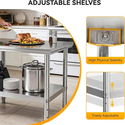 DWVO 30x24in Stainless Steel Table, NSF Metal Prep Worktable with Adjustable Shelf for Kitchen Restaurant Hotel Garage Warehouse Home