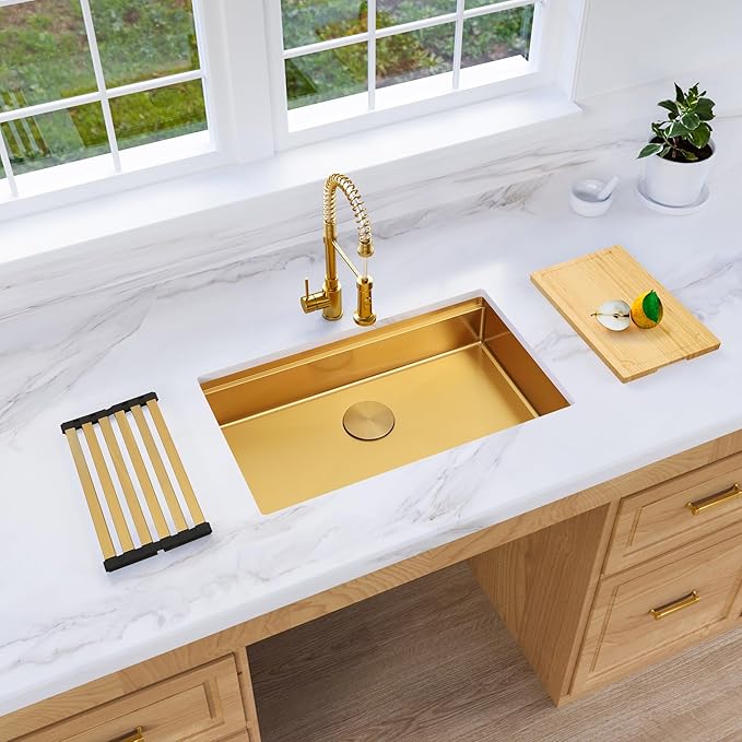Gold Undermount Kitchen Sink 32 Inch, 16 Guage Stainless Steel Workstation Sinks with Ledge & Accessories, 32" x 18" x 6" Single Bowl ADA-Compliant Large Sink, 6 Inch Depth Gold ADA Sink