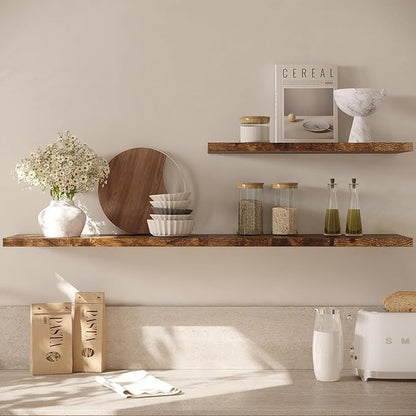 Wall Shelf Set of 1, Rustic Brown Floating Shelves 30 in W x 10 in D x 1 in H, Wooden Floating Wall Shelf with Invisible Brackets for Living Room/Bedroom/Bathroom/Kitchen Storage and Decor