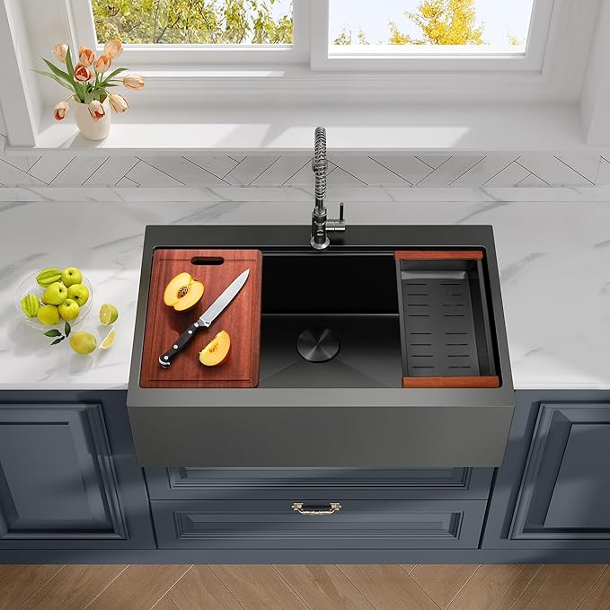 Rhbamoa 33 Inch Black Farmhouse Sink,16 Gauge T304 Black Single Bowl Apron Front Kitchen Farm Sink,10 Inch Depth Topmount Farmhouse Sinks with All Accessories