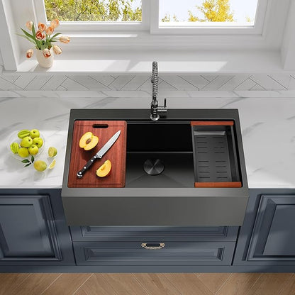 Rhbamoa 33 Inch Black Farmhouse Sink,16 Gauge T304 Black Single Bowl Apron Front Kitchen Farm Sink,10 Inch Depth Topmount Farmhouse Sinks with All Accessories