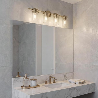 Kichler Brinley 4-Light Bathroom Vanity Light Fixture with Clear Glass in Champagne Bronze, Industrial Farmhouse Style for Mirror Lighting (32.5" x 10.25" x 6.75"), 45690CPZ