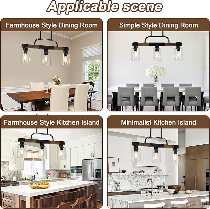 Farmhouse Dining Room Light Fixtures Over Table，Rustic Ceiling Pendant Lights Kitchen Island，3-Light Wood Kitchen Island Lighting Linear Chandelier with Clear Glass lampshade
