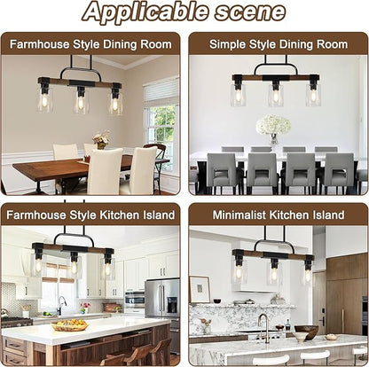 Farmhouse Dining Room Light Fixtures Over Table，Rustic Ceiling Pendant Lights Kitchen Island，3-Light Wood Kitchen Island Lighting Linear Chandelier with Clear Glass lampshade