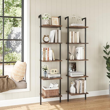 ELYKEN Ladder Shelf, 5-Tier Wood Wall Mounted Bookshelf with Metal Frame, Vintage Open Display Organizer Rack, Leaning Storage Shelves for Living Room, Bedroom, Home Office, Rustic Brown