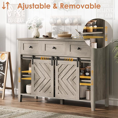 CABIHOME Farmhouse 47.2'' Buffet Cabinet with Sliding Barn Door, 33.4'' Tall Rustic Sideboard with 3 Drawer, Adjustable Shelf and Removable Wine Rack for Dining Room, Kitchen, Living Room, Vintage