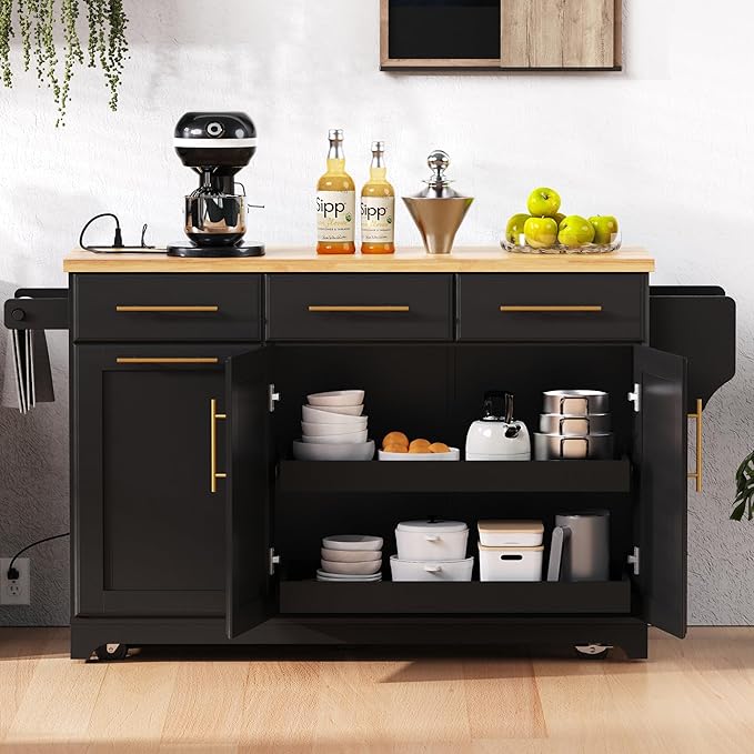 JIJIWANG 59.3" Kitchen Island with Storage 2 Pull Out Cabinet Organizers & Rubber Wood Drop Leaf, Rolling Island with Trash Can Storage, Power Outlet, Spice & Towel Rack for Kitchen, Dining, Black