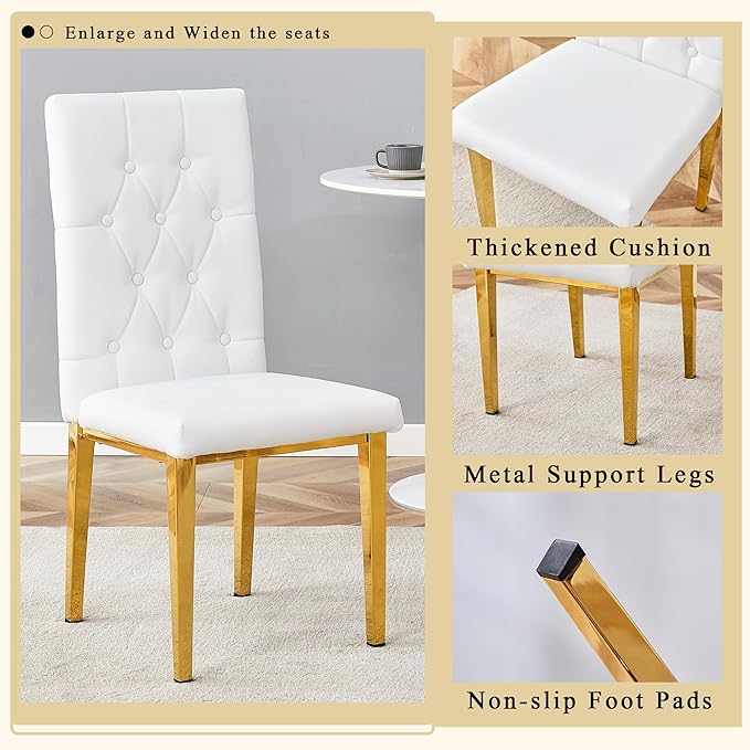 Round Glass Dining Table Set with 2 White PU Chairs, 42 Inch Diameter Clear Tempered Glass Top with Gold Metal Legs, Grid Quilting Design for Modern Dining Room and Kitchen