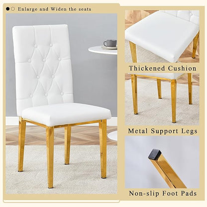 Round Glass Dining Table Set with 2 White PU Chairs, 42 Inch Diameter Clear Tempered Glass Top with Gold Metal Legs, Grid Quilting Design for Modern Dining Room and Kitchen