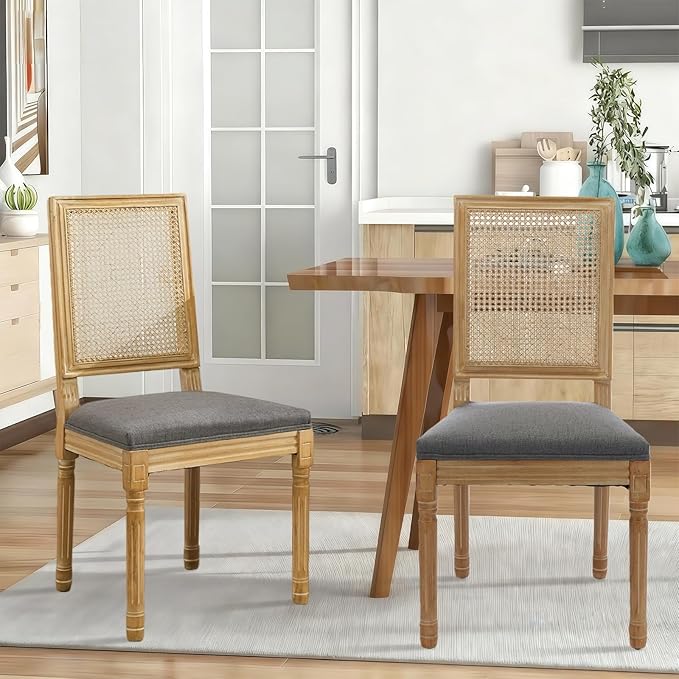 SoarFlash French Dining Chairs Set of 2, Vintage Dining Chairs with Rattan Backrest, Wooden Framehouse Chairs for Living Room, Kitchen, Restaurant, Grey