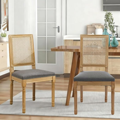 SoarFlash French Dining Chairs Set of 2, Vintage Dining Chairs with Rattan Backrest, Wooden Framehouse Chairs for Living Room, Kitchen, Restaurant, Grey