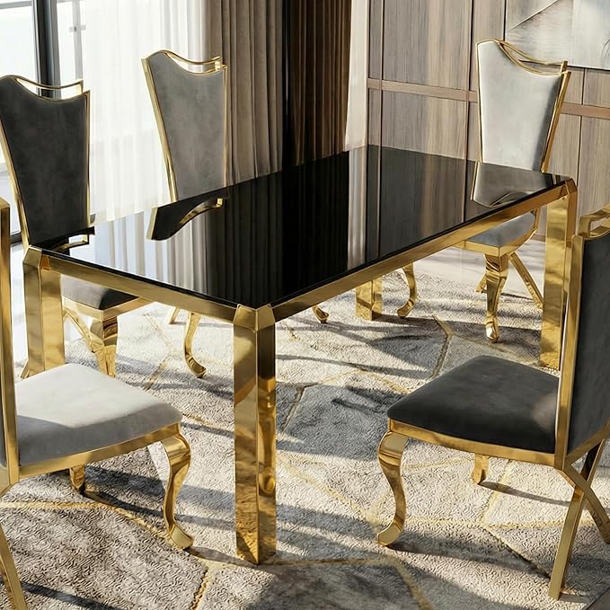 63 Inch Luxury Gold Dining Table for 4-6 People, 10mm Thick Rectangular Black Tempered Glass Top with Stainless Steel Base, Modern Kitchen Table for Dining Room