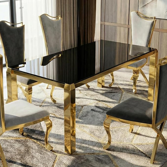 63 Inch Luxury Gold Dining Table for 4-6 People, 10mm Thick Rectangular Black Tempered Glass Top with Stainless Steel Base, Modern Kitchen Table for Dining Room