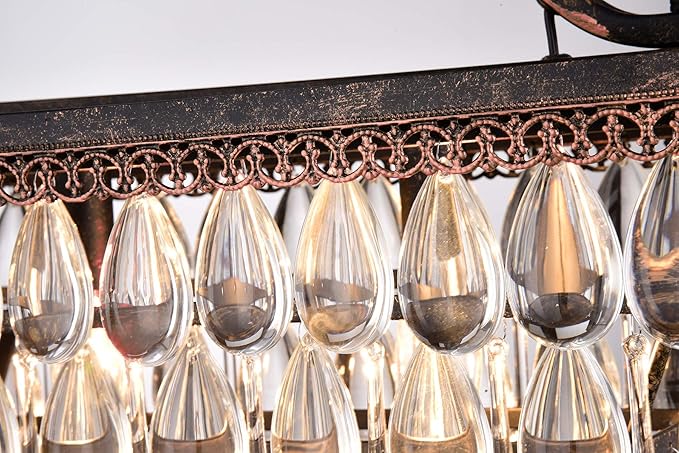 Edvivi Rectangular Linear Crystal Chandelier 40 in. W, 6 Lights Luxury Glam Adjustable Ceiling Lighting Fixture with 4 Rows of Teardrop Crystals for Living Dining Room Kitchen Island, Antique Bronze