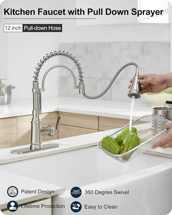 Pull-down Sprayer Kitchen Faucets Brushed Nickel 3 Mode Single Hole Kitchen Faucet 3 Hole, 360 Degree Swivel Stainless Steel Faucet for Kitchen Sink, 1 Handle Kitchen Sink Faucet with Deck Plate