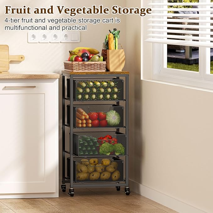 Kitchen Rolling Cart with Drawers, 4-Tier Fruit Vegetable Storage Cart on Wheels with Wooden Top, Kitchen Rolling Storage Rack to Storage Cans Snacks and Potato for Kitchen，(Patent Pending)