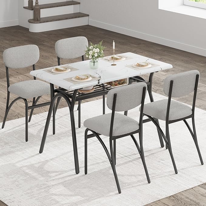 GarveeHome 5-Piece Dining Table Set for 4, Modern Kitchen Table with 4 Boucle Chairs, Rectangular Dining Table with Storage Shelf & Marble Tabletop, Beige Home Dining Furniture for Small Space