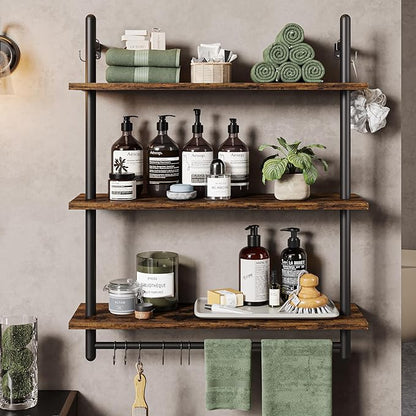 Bestier 3 Tier Industrial Pipe Shelving, Floating Book Shelves for Wall, Storage Hanging Shelves with Towel Bar for Bathroom Organizer Bedroom Kitchen Plants Office. 31.5 Inch Rustic Brown