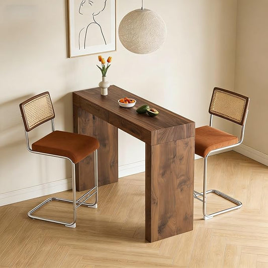 Counter Height Dining Set with Rattan Back Stools,Bar Table with 2 Drawers,Upholstered Kitchen Island Chairs,Chrome Cantilever Frame,Modern Furniture for Dining Room (Walnut Table,2 Coffee Chairs)