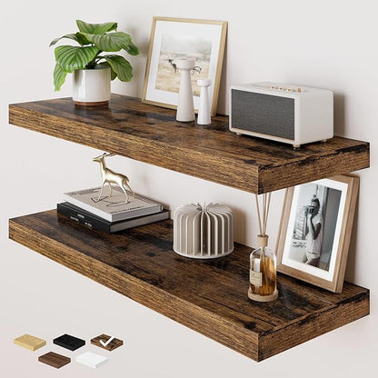 RICHFOCUS Deep Floating Shelves for Wall 2 Pack 12" D 36 Inch Wall Shelves for Room Wall|Wood Hanging Shelf with Invisible Brackets for Bathroom Bedroom Kitchen Laundry Room, Rustic Brown