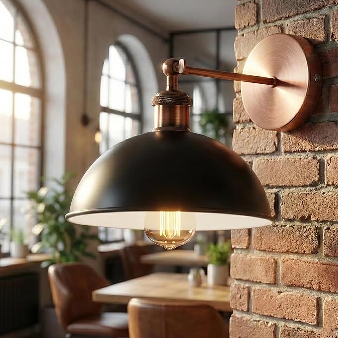 Dome Metal Wall Sconce, 180° Adjustable Industrial Wall Lamp for Bedside, Study, Kitchen, and Living Room Décor. (Black Inner White_)