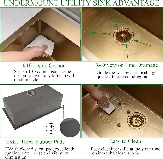 33 Inch Gold Drop In Kitchen Sink with Faucet Combo-Brovy 33x19 Drop-In Top Mount Kitchen Sink Brushed Gold 18 Gauge Deep Single Bowl Kitchen Sink with Mat&Drainer