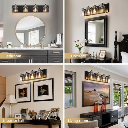 31.5" Large Farmhouse Bathroom Vanity Light,4-Light Black and Gold Metal Vanity Light with Bubble Glass Shades,Rustic Wall Sconce Lighting Fixtures Over Mirror for Barhroom,Kitchen. BD005-4-BG