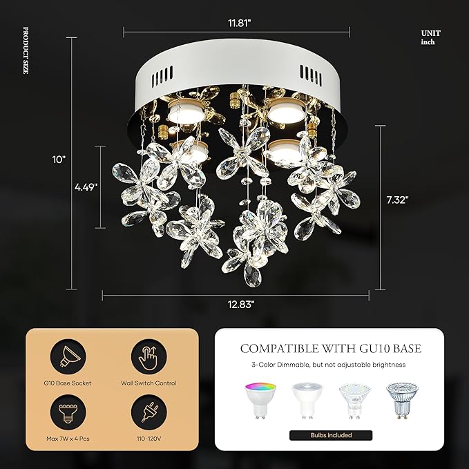 4-Lights Modern Chandelier K9 Crystal Lighting Fixture,11.8 Inch Round Stainless Steel Flush Mount Ceiling Lights for Bedroom Foyer Hallway Dining Room,GU10 Bulbs Include