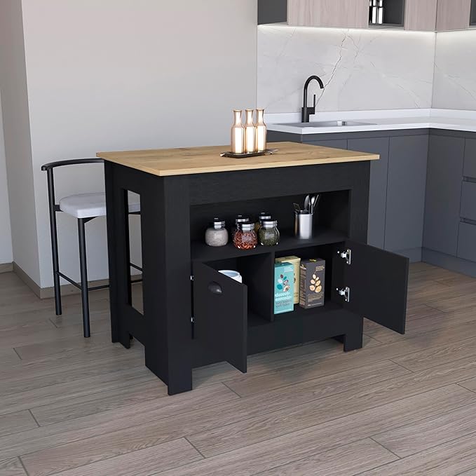GOWE Floyd Kitchen Island 35" H, Whit 2 Doors, 3 Shelves, Black/Macadamia