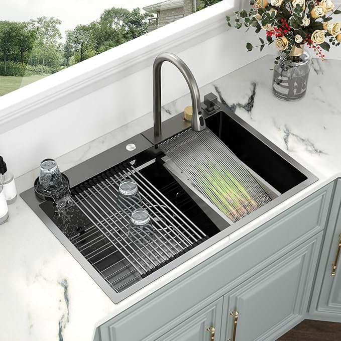 Kichae 36 Black Kitchen Sink Drop In Waterfall - 36x22 Drop Sink Stainless Steel 16 Gauge Single Bowl Waterfall Kitchen Sinks Workstation Handmade with Faucet & Glass Rinser