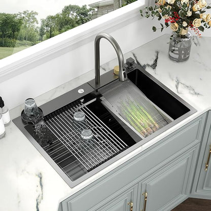 Kichae 36 Black Kitchen Sink Drop In Waterfall - 36x22 Drop Sink Stainless Steel 16 Gauge Single Bowl Waterfall Kitchen Sinks Workstation Handmade with Faucet & Glass Rinser