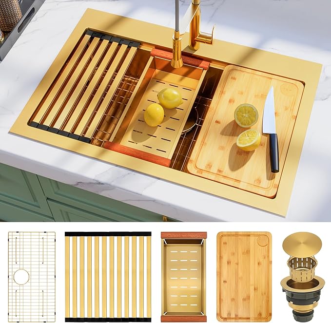 33x22 Inch Gold Drop In Kitchen Sink, 16 Gauge 304 Stainless Steel Sink, Topmount Workstation Kitchen Sink Single Bowl, Large Deep Gold Sink with Ledge & Full Accessories