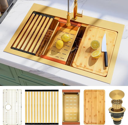 33x22 Inch Gold Drop In Kitchen Sink, 16 Gauge 304 Stainless Steel Sink, Topmount Workstation Kitchen Sink Single Bowl, Large Deep Gold Sink with Ledge & Full Accessories