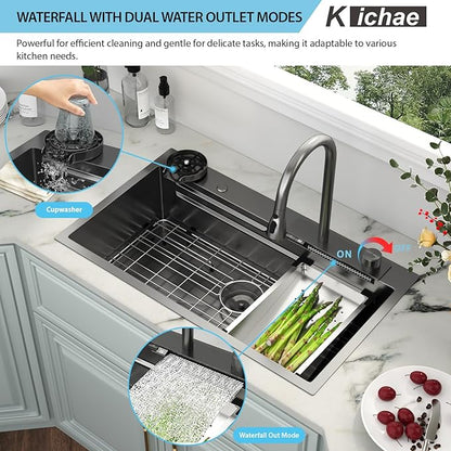 Kichae 33x19 Drop In Kitchen Sink Waterfall - Black Workstation Kitchen Sink Waterfall Stainless Steel 16 Gauge Luxury Handmade Single Bowl Drop Sinks with Faucet Combo & Glass Rinser