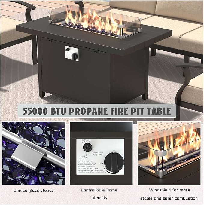 Metal Outdoor Patio Furniture Set for 10,Aluminum Patio Sectional Set w/Propane Fire Pit Table,Outside Furniture w/Removable Sponge Cushion for Porch, Balcony, Yard,Sand