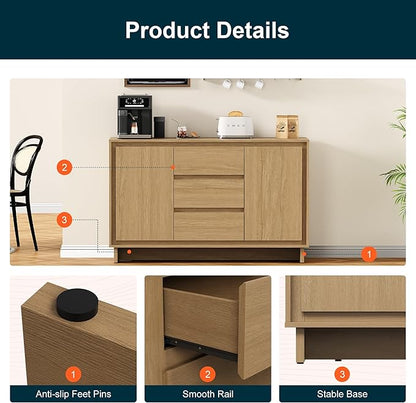 RoyalCraft Buffet Cabinet with Storage, Coffee Bar Cabinet with 3 Drawers and 2 Doors, Framed Edge Design, Modern Sideboard for Kitchen, Living Room and Dining Room, Natural