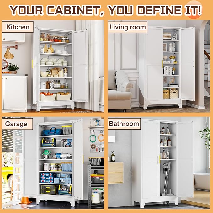 PAOFIN 75" Metal Kitchen Pantry Cabinet,White Storage Cabinet with Doors and 5 Adjustable Shelves, Cabinet with 2 Metal Handles,Tall Cabinet for Livingroom,Pantry, Bathroom,Kitchen