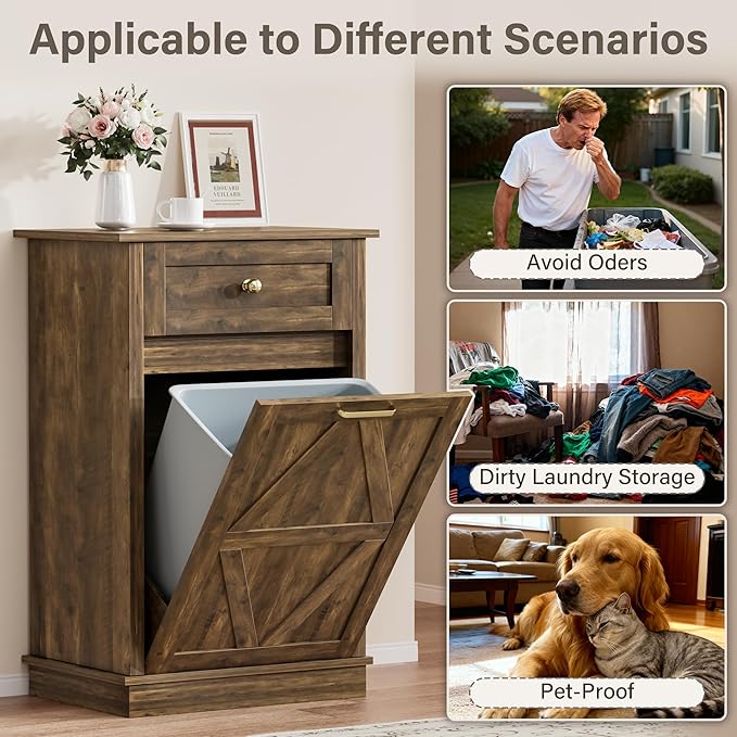 YESHOMY 10 Gallon Tilt-Out Trash Cabinet, Wooden Hidden Garbage Can Holder with Storage Drawers for Kitchen and Dining Room, Dark Brown (2 Piece)