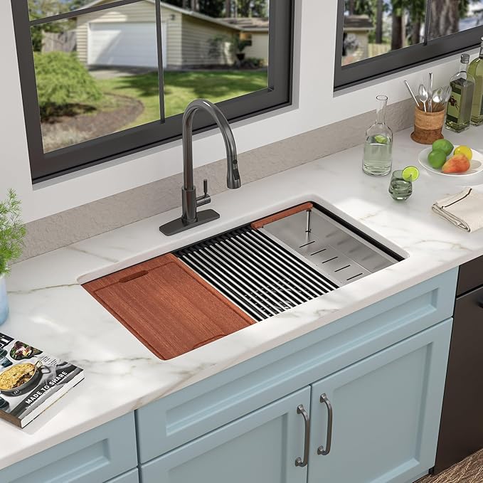 33 Granite Composite Kitchen Sink Double Bowl - Fulorni 33"x19" Granite Kitchen Sink Ledge Workstation Undermount Double Bowl 50/50 Matte Black Quartz Classic Under Counter Basin