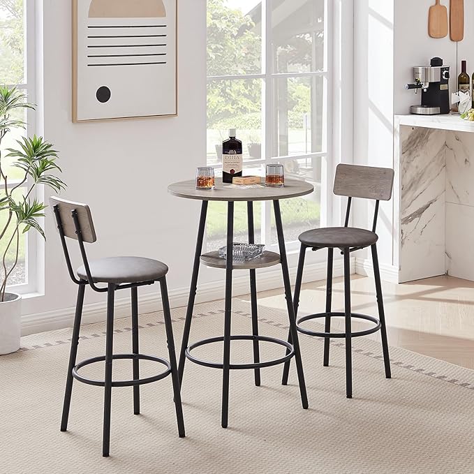 Round Bar Stool Table Set with Storage Shelf, Grey Upholstered Stools with Backrest, Comfortable PU Padded Seat, Bar Table and Chairs Set of 2, Supports 350 lbs Each