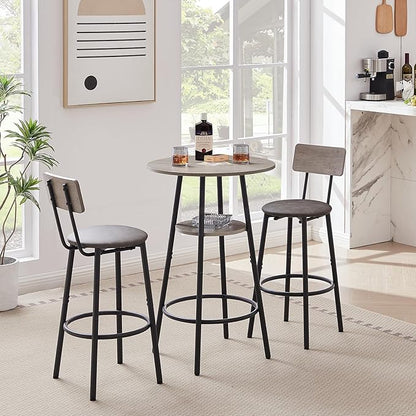 Round Bar Stool Table Set with Storage Shelf, Grey Upholstered Stools with Backrest, Comfortable PU Padded Seat, Bar Table and Chairs Set of 2, Supports 350 lbs Each