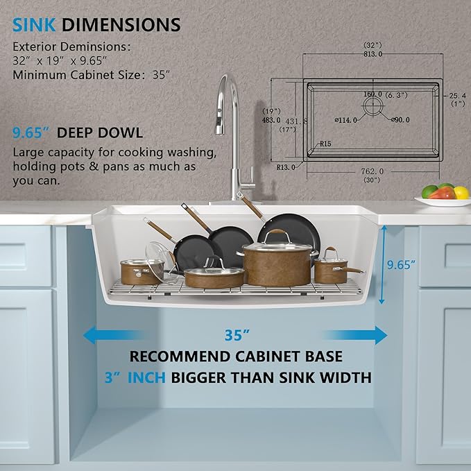 32"x19" Granite Composite Kitchen Sink - Ledge Workstation Undermount White Quartz Classic Under Counter Single Bowl Basin