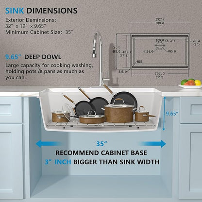 32"x19" Granite Composite Kitchen Sink - Ledge Workstation Undermount White Quartz Classic Under Counter Single Bowl Basin