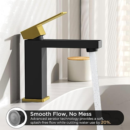 FORIOUS Single Handle Bathroom Faucets Black and Gold, 1or 3 Hole Bathroom Sink Faucet with Pop-up Drain