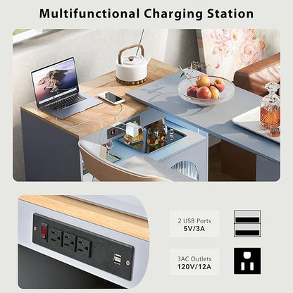 Rolling Kitchen Island with Extendable Table and LED Lights, Kitchen Cart with Power Outlets USB Ports Fluted Glass Doors Rubber Wood Top and Open Shelves,Mobile Storage Cabinet for Dining Room, Grey