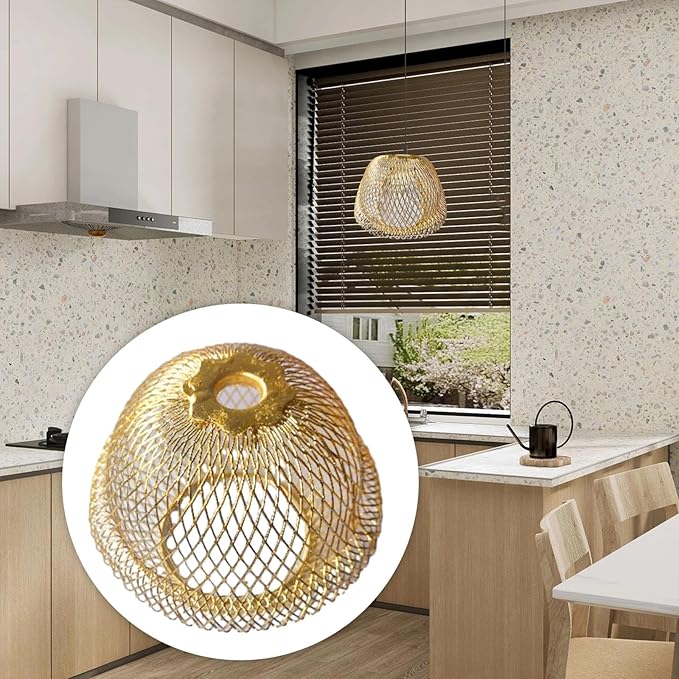 Iron Wire Lampshade Pendant Light Lamp Cover Hanging Light Fixture Retro Style Chandelier Shade Mesh Lamp Shade for Cafe Bar Home Decoration, Gold
