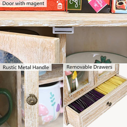 Ikee Design Wooden Countertop Storage Cabinet with Magnetic Door, Adjustable Shelves, Removable Hooks and Drawer for Perfume, Makeup, Pantry, Vintage White, 12.2 W x 6 D x 15.7 H in