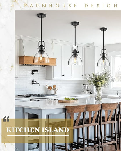 2-Pack Pendant Lights Kitchen Island, 7.5" Black Pendant Lighting with Clear Seeded Glass Shade, Farmhouse Hanging Light Fixtures for Dining Room, AD-22151-1P2-BK-G